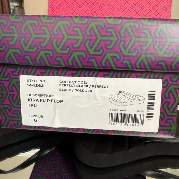 Tory Burch Kira Black Flip Flops w/Gold Double T Logo Size 6 New with Box - Picture 5 of 12